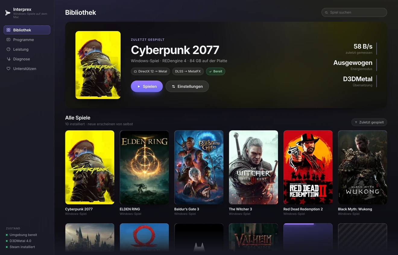 Interprex: die Bibliothek mit dem zuletzt gespielten Titel, zehn installierten Spielen und dem Startknopf