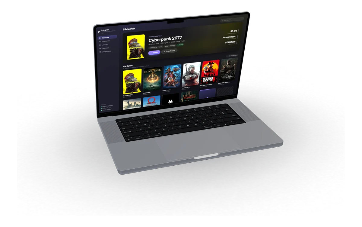 Ein aufgeklapptes MacBook Pro, auf dem Display die Bibliothek von Interprex mit dem zuletzt gespielten Titel und zehn installierten Windows-Spielen