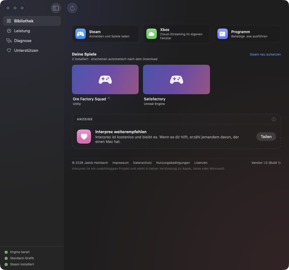 Interprex-Bibliothek mit Steam, Xbox und installierten Spielen