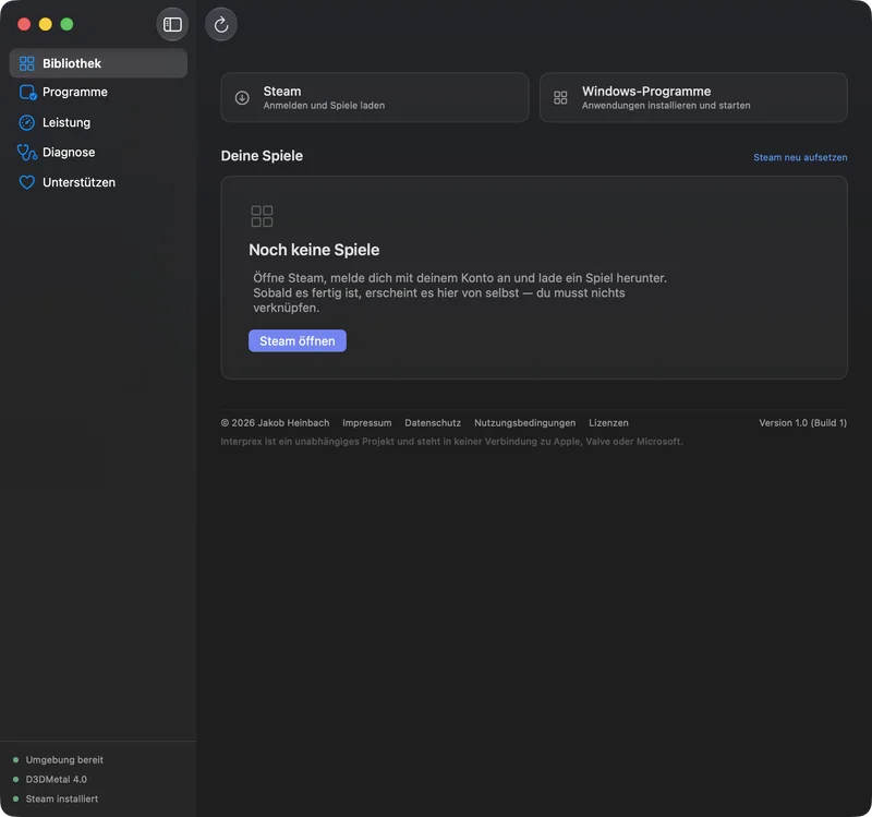 Die noch leere Bibliothek von Interprex mit den Einstiegen Steam und Windows-Programme