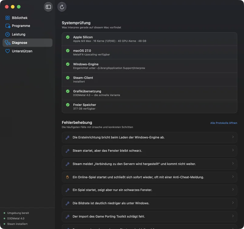 Diagnosebereich mit Systemprüfung und der Liste der Fehlerbehebungen