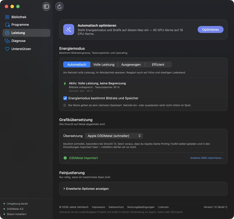 Der Bereich Leistung mit Energiemodus, Grafikübersetzung und Feinjustierung