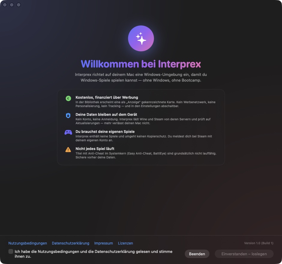 Willkommensbildschirm mit Zustimmung zu Nutzungsbedingungen und Datenschutz