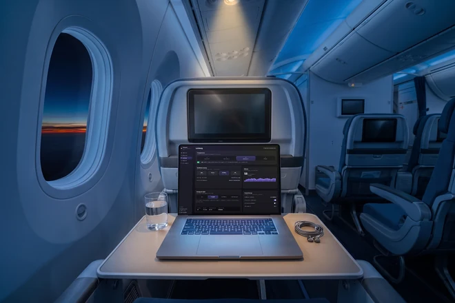 Dasselbe MacBook auf dem Tablett im Flugzeug, links das ovale Kabinenfenster