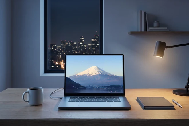 Ein MacBook Pro auf einer Eichenplatte am Fenster, daneben ein Becher Kaffee und ein Notizbuch