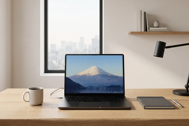 Ein MacBook Pro auf einer Eichenplatte am Fenster, daneben ein Becher Kaffee und ein Notizbuch