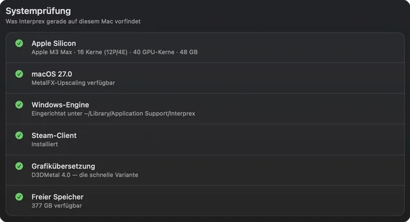 Die Systemprüfung mit Chip, macOS-Fassung, Windows-Engine, Steam und Grafikübersetzung